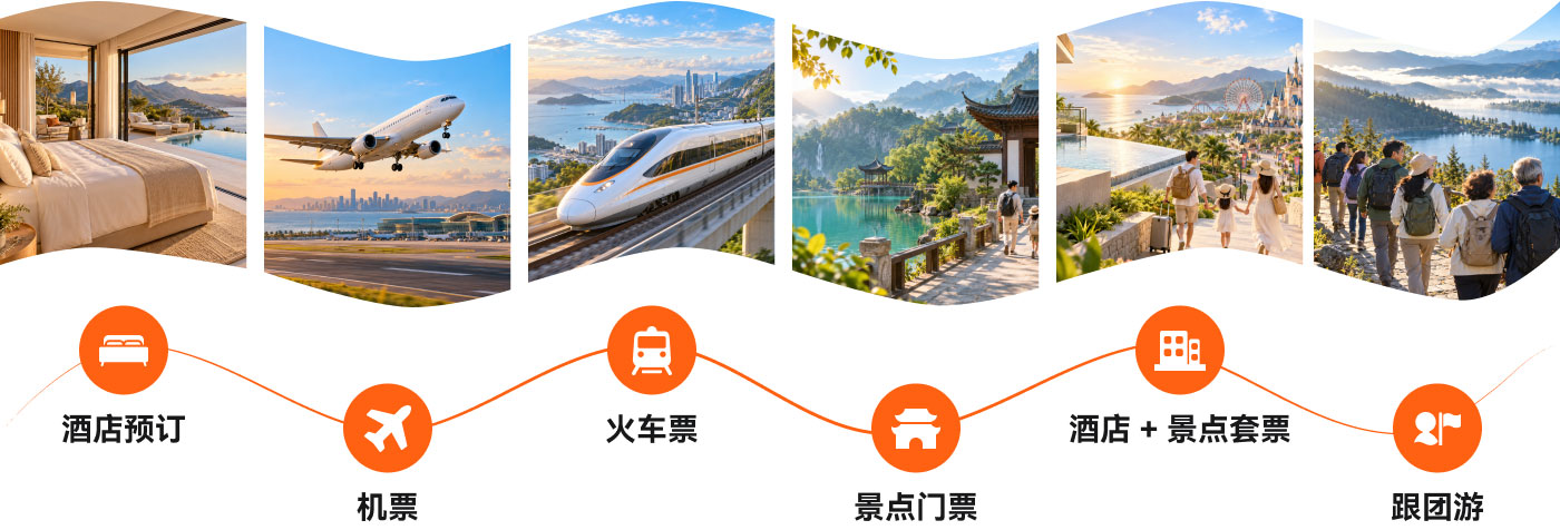 平台覆盖酒店预订、机票、火车票、景点门票、酒店+景点套票、跟团游